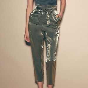 Lulus Olive Green Metallic Paperbag Waist Pants